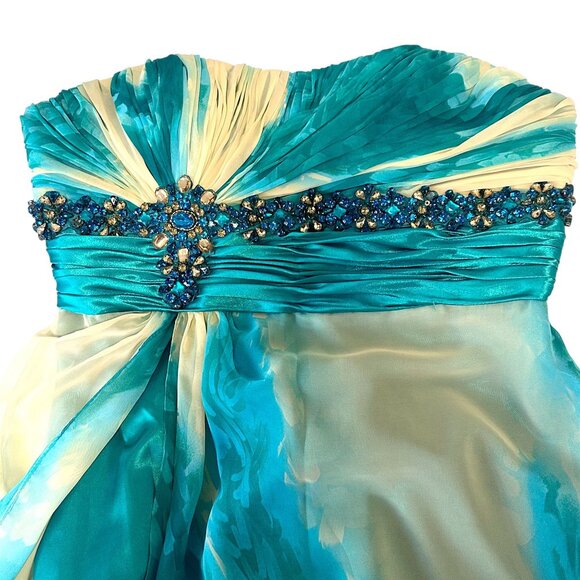 Y2K Bicici Strapless Teal & Cream Ombre Beaded Evening Gown Floor-Length XL - Picture 5 of 14